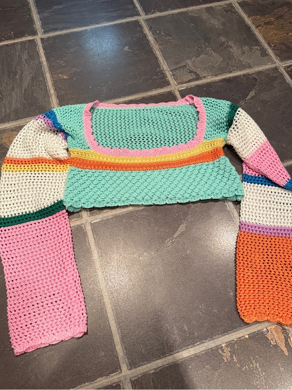 Colorblock Crocheted Crop Top - Mint, Pink & Orange